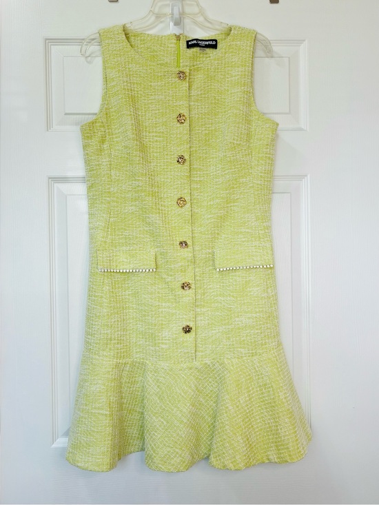 Karl Lagerfeld Dresses & Skirts - Karl Lagerfeld Tweed Dress Womens 12 Boucle Green Cream Old Money Fashion Office
